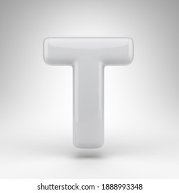 Letter T Uppercase On White Background. White Plastic 3D Rendered Font With Glossy Surface.