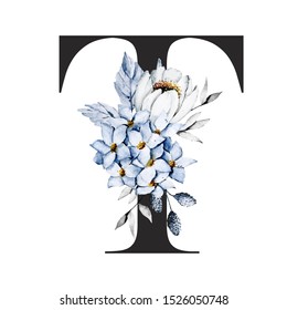 Letter T Watercolor Flowers Leaves Floral Stock Illustration 1526050748 ...