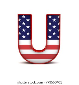 Letter U stars and stripes american flag lettering font. 3D Rendering