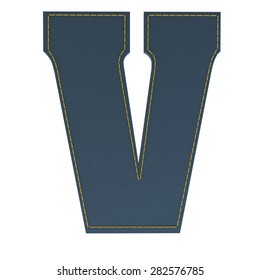 letter v from denim - jeans, on a white background, high specification of fabric, it is stitched by the yellow high-detailed threads