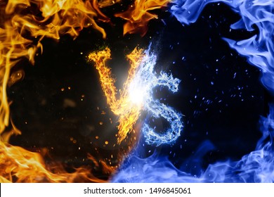 Letter VS. Blue Versus Yellow Fire Flames On Black Isolated Background, Realistic Fire Effect With Sparks.