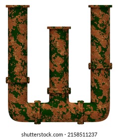 Letter W made of rusty pipes, isolated on white, 3d rendering