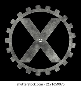 Letter X Inside Gear, Alphabet From Old Metal Gears, Isolated On Black, 3d Rendering