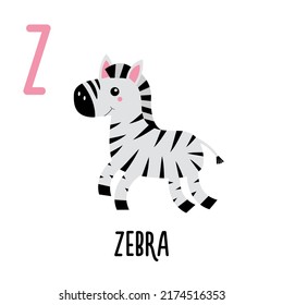 Letter Z Zebra. Animal and food alphabet for kids. Cute cartoon kawaii English abc. Funny Zoo Fruit Vegetable learning. Education cards. Isolated. Flat design. White background. 