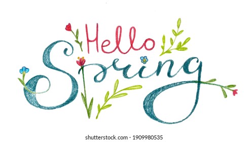 lettering calligraphy season spring hello happy hand drawing watercolor pencil tulip leaf flowers
