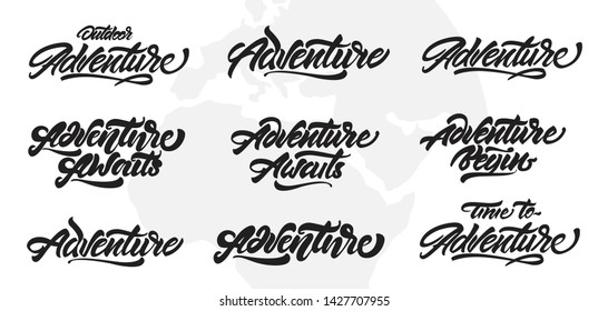 Lettering Inspiring Typography Set. Awaits. Adventure Begin, Outdoor. Design For Your Business.