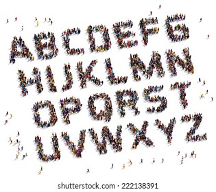 Letters of the alphabet formed out of people seen from above, orthographic view