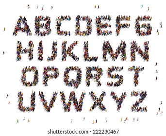 Letters of the alphabet formed out of people seen from above, orthographic projection