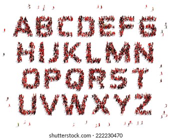 Letters of the alphabet formed out of red dressed people seen from above, orthographic projection