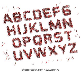 Letters of the alphabet formed out of red dressed people seen from above, orthographic view