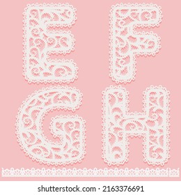 Letters E, F, G, H written of white lace isolated on pink background Lacy font and pattern brush border for label. Set cute lace alphabet symbols for design gift card or invitation Rasterized version.