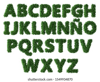 Letters grass, green pine style. 3D Illustration.