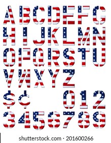 Letters, numbers and dollar & cent signs cut out from USA flag like those typically used in american politics.