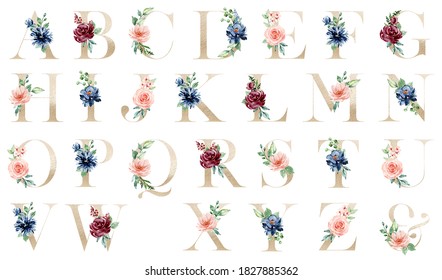 Letters set, floral alphabet with watercolor flowers and leaf. Monogram initials perfectly for wedding invitation, greeting card, logo, poster. Holiday decoration hand painting.