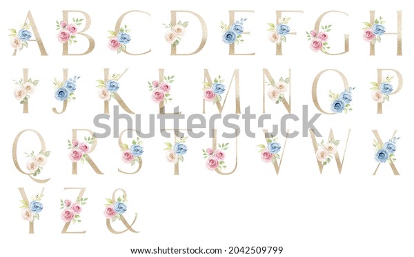 Letters Set Gold Floral Alphabet Watercolor Stock Illustration ...