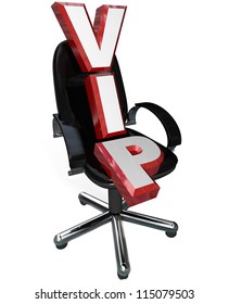 The Letters VIP On A Black Leather Office Chair To Symbolize A Seat Reserved For Someone Of Great Importance, A Celebrity, Mogul, Officer, President, Ceo Or Other High Ranking Person