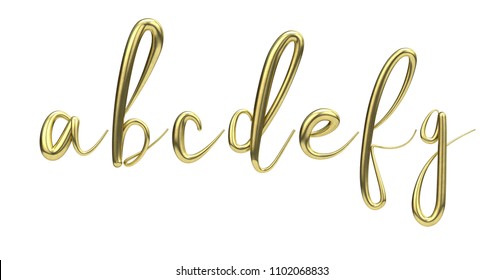 Lettes A, B, C, D, E, F, G, Gold Handwritten Script Font. 3D Rendering