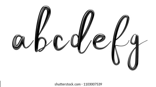 Lettes A, B, C, D, E, F, G, Black Handwritten Script Font. 3D Rendering