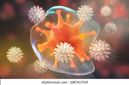 Leukocytes attack the virus. Immunity of the body. 3D illustration on medical research