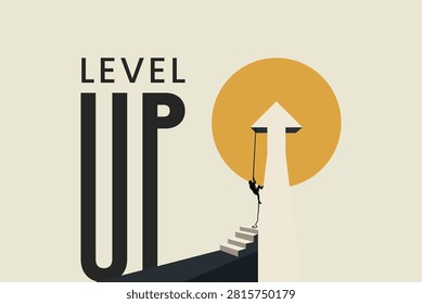 Level up concept vector illustration featuring arrow path going up with stairs representing success and personal growth.