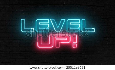Level Up text font with neon light. Luminous and shimmering haze inside the letters of the text Level Up. Level Up neon sign.
