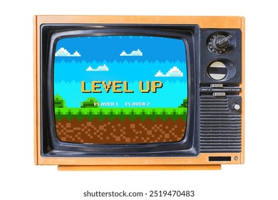 Level Up. pixel art .8 bit game. retro game. for game assets .Retro Futurism Sci-Fi Background. glowing neon grid. on old retro television. - Powered by Shutterstock