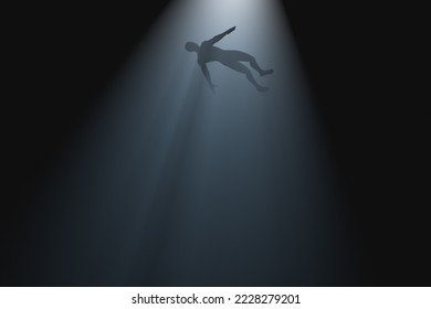 Levitating human body in the rays of light. Spiritual and religious themes. 3d rendering