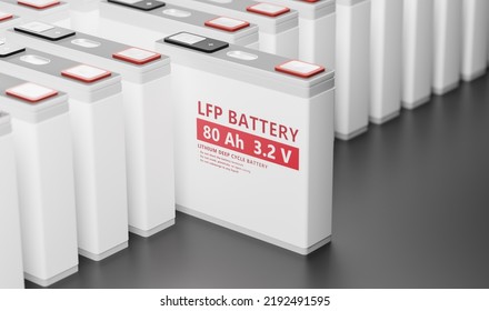 LFP (Lithium Iron Phosphate) Battery Cell, Prismatic Pack Li-Ion Batteries Supply Manufacturing For Electric Vehicle (EV) Concept, Industrial Energy Storage Car Technology 3D Rendering Illustration