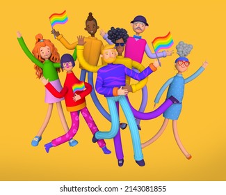 LGBT community, Social diversity. Big group of diverse cartoon people participating in a pride parade, gay relationship, large LGBT family group. Trendy 3d illustration.