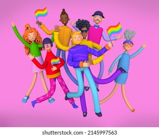 LGBT community, Social diversity. Big group of diverse cartoon people participating in a pride parade, gay relationship, large LGBT family group. Trendy 3d illustration.