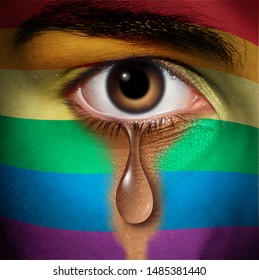 LGBT Discrimination And Same Sex Victim Of A Hate Crime Concept As A Social Issue Symbol For Civil Rights Protection From Violence As An Eye With A Pride Flag Crying In A 3D Illustration Style.