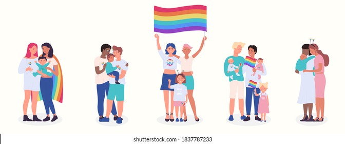 LGBT family flat illustration set. Cartoon happy LGBT family people collection of gay lesbian bisexual couple parent character and adopted children, rainbow adoption parenting isolated on white