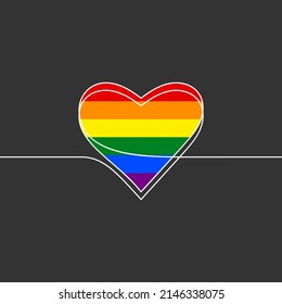 LGBT gay pride flag color heart in continuous line drawing heart illustration white line dark grey background