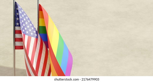 LGBT Gay Pride And US America Flags. LGBTQ Community Rights In United States. Rainbow Color And USA Flag On Flagpoles, Copy Space. 3d Render