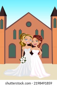 Lgbt Lesbian Couple Getting Married In Front Of Church 
