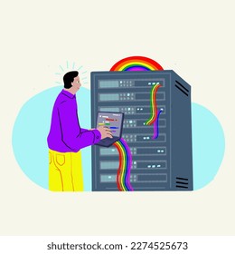 A LGBT network engineer using laptop in front of server. A symbol of gender diversity. Queer people.