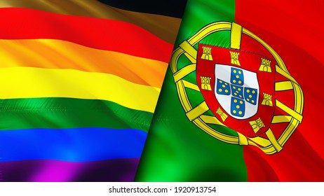 LGBT Philadelphia And Portugal Rainbow Flag Waving. Gayborhood Philly Pride Flag 3d Gay Portugal, Lesbian Flag Waving Waving,3d Rendering. LGBT Rights In Portugal. Gay Portugal LGBT Qia Pride Flag
