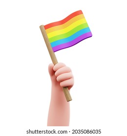 LGBT Pride Parade Poster. Cartoon Hand Holding Flag And Celebrating Bisexual Homosexual Transgender Equality. 3D Rendered Illustration.