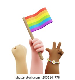 LGBT pride parade poster. Cartoon hands celebrating bisexual homosexual transgender equality. 3D rendered illustration.