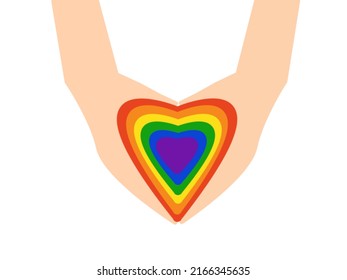 LGBTQ Hand And Fingers Hold Colorful Rainbow Hearth Carefully For Pride Month Background Concept