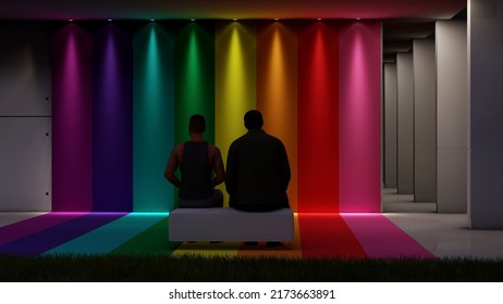 LGBTQ Love Symbol Background. Concept Design Area For Lgbtq Decor, Man, Woman, Gay, Transgender, Lesbian, Caucasian, African American, With Rainbow Flag On Wall, Mockup. 3d Rendering. 3d Illustration.