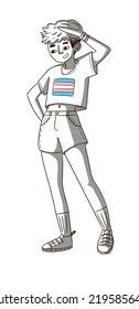 Lgbtq+ Person With A T-shirt With The Trans Flag. Pride Non Gender Person, Black And White Illustration. 