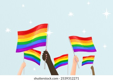 LGBTQ rights aesthetic illustration background. Illustration of diverse hands waving LGBTQ pride rainbow flags. Diverse hands hold rainbow pride flags, LGBTQ concept illustration - Powered by Shutterstock