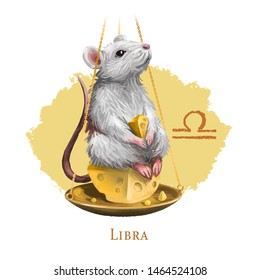 Libra Creative Digital Illustration Of Astrological Sign. Rat Or Mouse Symboll Of 2020 Year Signs In Zodiac. Horoscope Air Element. Logo Sign With Scales. Graphic Design Clip Art For Web And Print