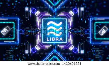 Libra currency mining process concept illustration. Digital neon background. Virtual finance and money theme 3d render