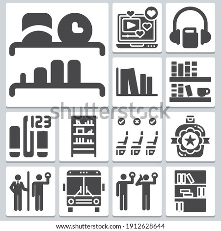 Libraries icons set ? simple set of 13  includes bestseller, subscription, bookshelf with fout books, bookshelf, public transport, ticket collector, seat, headset symbols