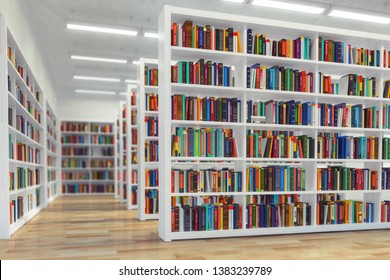 Library. Background from white  bookshelves with books and textbooks. Learning and education concept. 3d illustration
