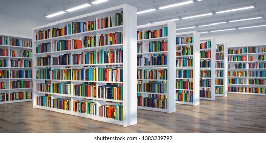 Library Background White Bookshelves Books Textbooks Stock Illustration