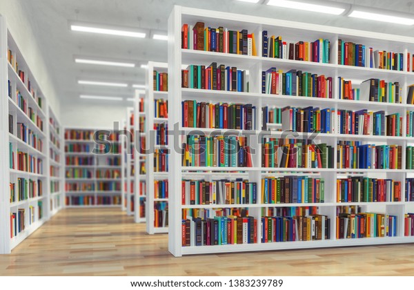 Library.\
Background from white  bookshelves with books and textbooks.\
Learning and education concept. 3d\
illustration