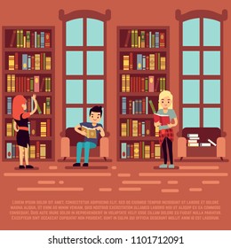 Library interior concept - teenagers and students rading books in library. Education students, bookshelf in university, illustration - Shutterstock ID 1101712091